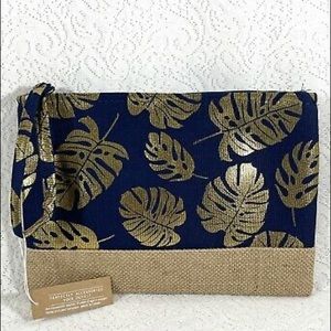 Navy & Gold Metallic Tropical Leaves Zipper Wristlet Bag 🌴